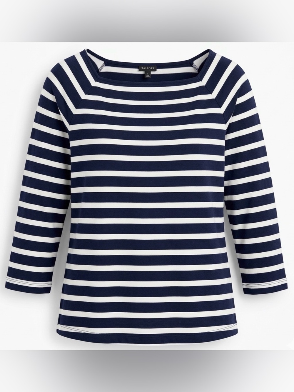 Talbots Effortless Jersey Stripe Square Neck Top Navy Blue White Women's Size L